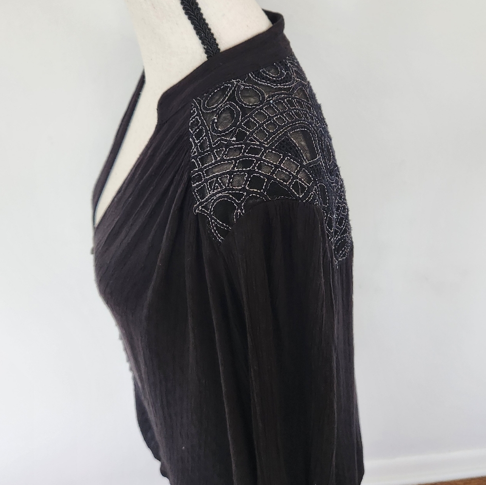 FREE PEOPLE Canyon Rose Embroidered Boho Hi Lo Blouse Black Whimsigoth Grunge XS - Picture 6 of 15